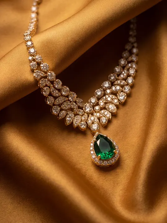 Diamond and emerald necklace on warm gold satin
