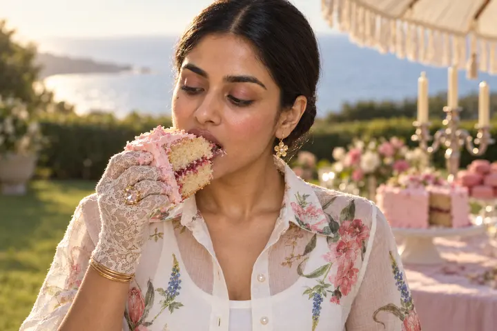 A lace-gloved woman enjoys cake in the flamingo garden-party editorial